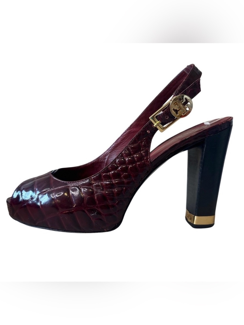 Tory Burch Allison Croc Patent Slingback Peep Toe‎ Block Heels 8 Bordeaux